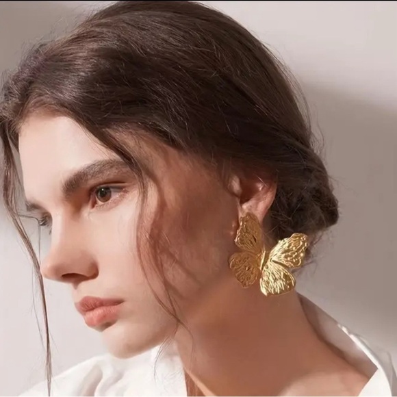 Gold Butterfly Statement Earrings - Picture 3 of 16